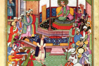 Abu’l-Fazl ibn Mubarak presents a copy of Akbarnama to Akbar (Photo: THE PRINT COLLECTOR/GETTY IMAGES)