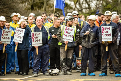 THE FALL: Steel workers wait to meet Sajid Javid, secretary of state for business, after his meeting at Tata Steel’s Talbot plant (Photo: GETTY IMAGES)