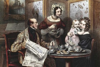 An engraving of tea being served at a 19th century London home