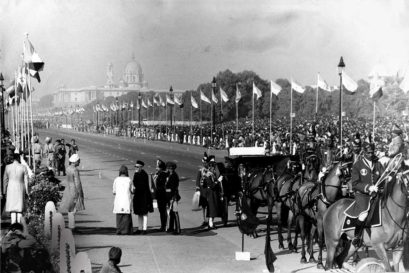 Power and Glory: Prime Minister Indira Gandhi receives Vice President Zakir Husain at Rajpath during the Republic Day parade, 1967