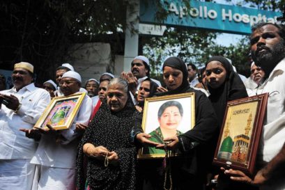Followers pray for Jayalalithaa’s recovery outside Apollo Hospital in Chennai