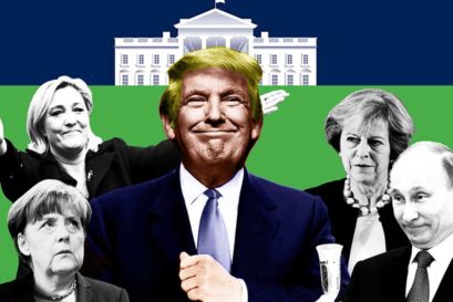 (Clockwise from top centre) Donald Trump, Theresa May Vladimir Putin, Angela Merkel and Marine Le Pen