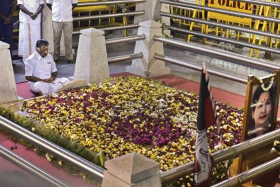 Panneerselvam at Jayalalithaa’s memorial in Chennai before he announced that his resignation had been forced