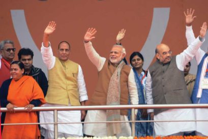 Narendra Modi with Rajnath Singh and Uma Bharati (left) and Amit Shah (right)