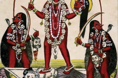 A painting of tantric goddess Chinnamasta, who holds her own severed head in one hand and a scimitar in the other, as she stands on top of a divine copulating couple