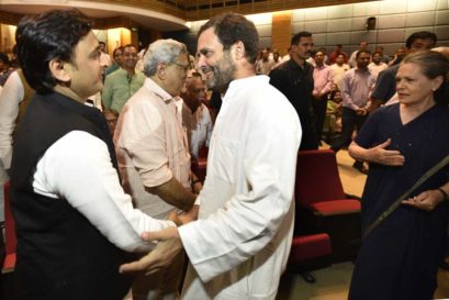 Congress President Sonia Gandhi, Vice President Rahul Gandhi, with former UP Chief Minister Akhilesh Yadav