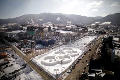 A snow sculpture of the Olympic rings at Pyeongchang, close to the stadium for the opening and closing ceremony