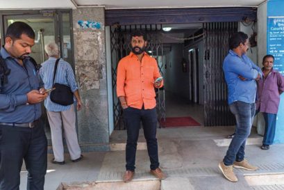 Sharan ‘Pumpwell’ Kumar (in orange shirt, outside his office in Mallikatte, Mangalore) convenor, Bajrang Dal, south Karnataka