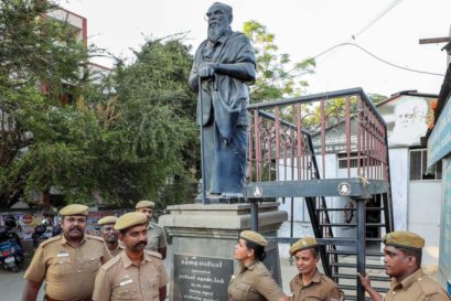 Police guard a statue of Periyar in Coimbatore