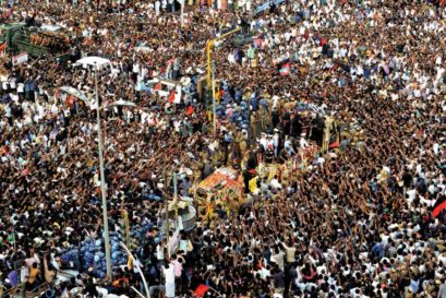 Karunanidhi’s funeral procession on its way to Chennai’s Marina Beach where he was buried on August 8