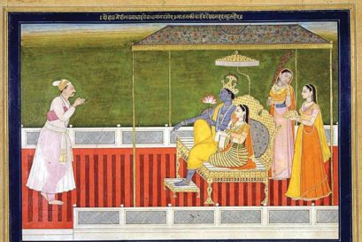 Nainsukh’s painting The Poet Bihari Offers Homage to Radha and Krishna