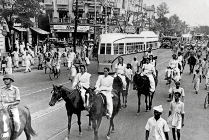Subhas Chandra Bose's nieces (On horses in the forefront) celebrate Azad Hind Day in 1947