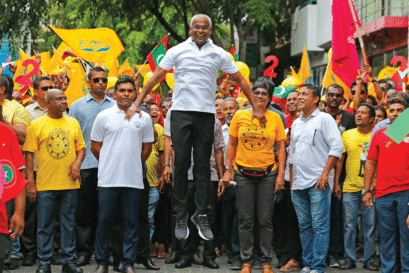 Maldive’s President-Elect Ibrahim Solih (centre), the opposition candidate who beat President Abdulla Yameen by 38,000 votes, in Malé on 22 September