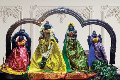 Draupadi (second from left) as the guardian deity of Melachery in Villupuram, Tamil Nadu, with Kunti, Nagakanni and Subhadra