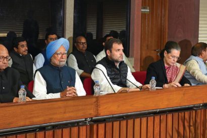 (L-R) Sitaram Yechury, Sharad Pawar, Manmohan Singh, Rahul Gandhi, Sonia Gandhi, Sharad Yadav, Mamata Banerjee and N Chandrababu Naidu at a meeting on February 27, New Delhi