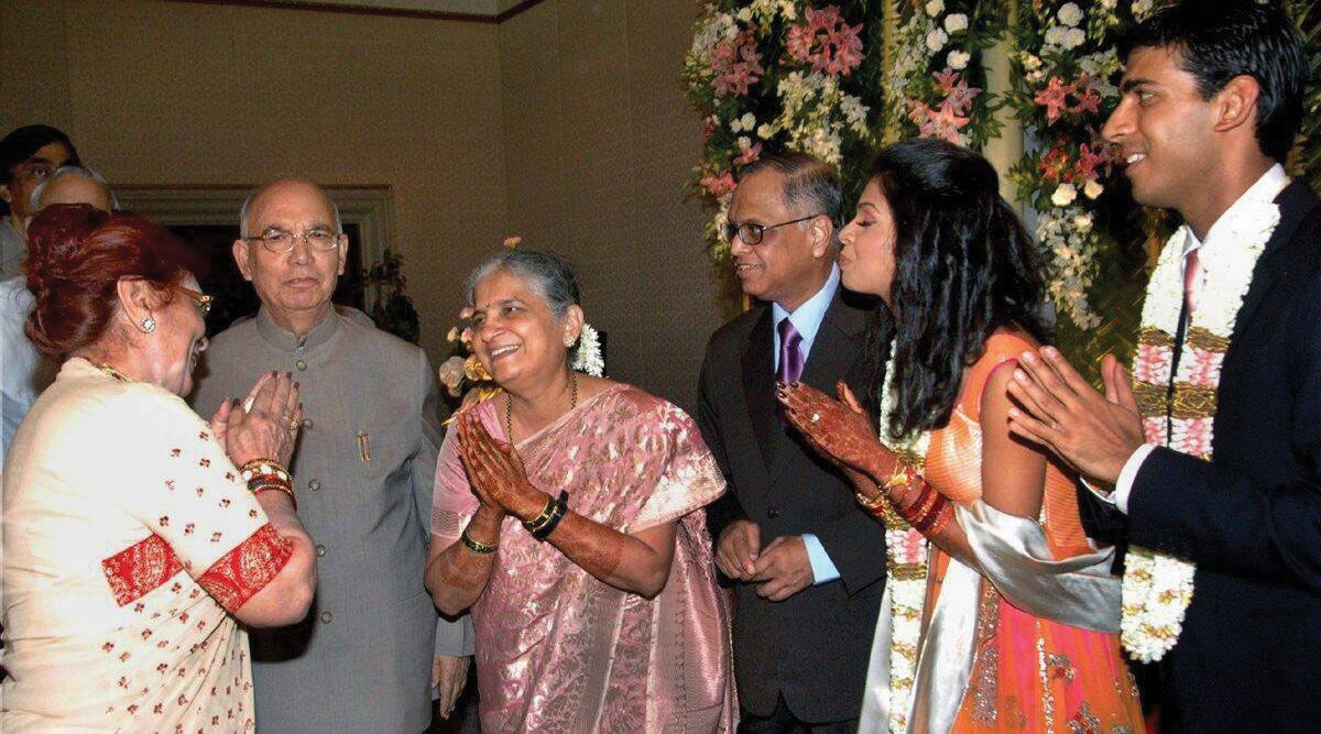 Sudha Murthy, NR Narayana Murthy, Akshata Murty and Rishi Sunak at the couple’s wedding reception in Bengaluru